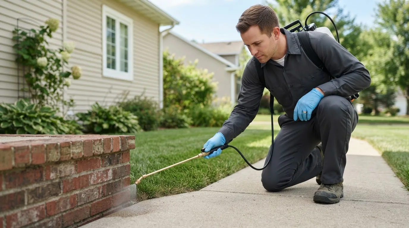 Pest control technician treating a home near Canjilon, NM